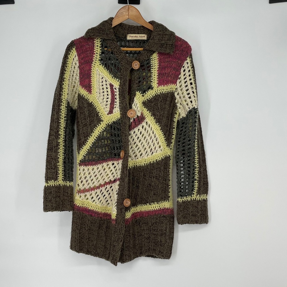 Thursday Island Knit Patchwork Button Front Long Cardigan Wool Blend Size M